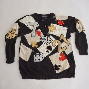 Vintage Spree Black Knit Dice Card Sequin Beaded Cotton Blend Eclectic Sweater M